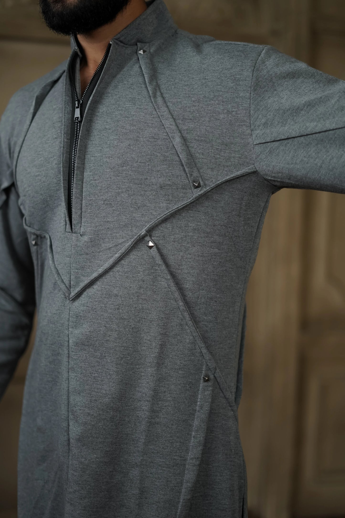 STRETCH PLETE AND STUDDED GREY KURTA WITH PANTS