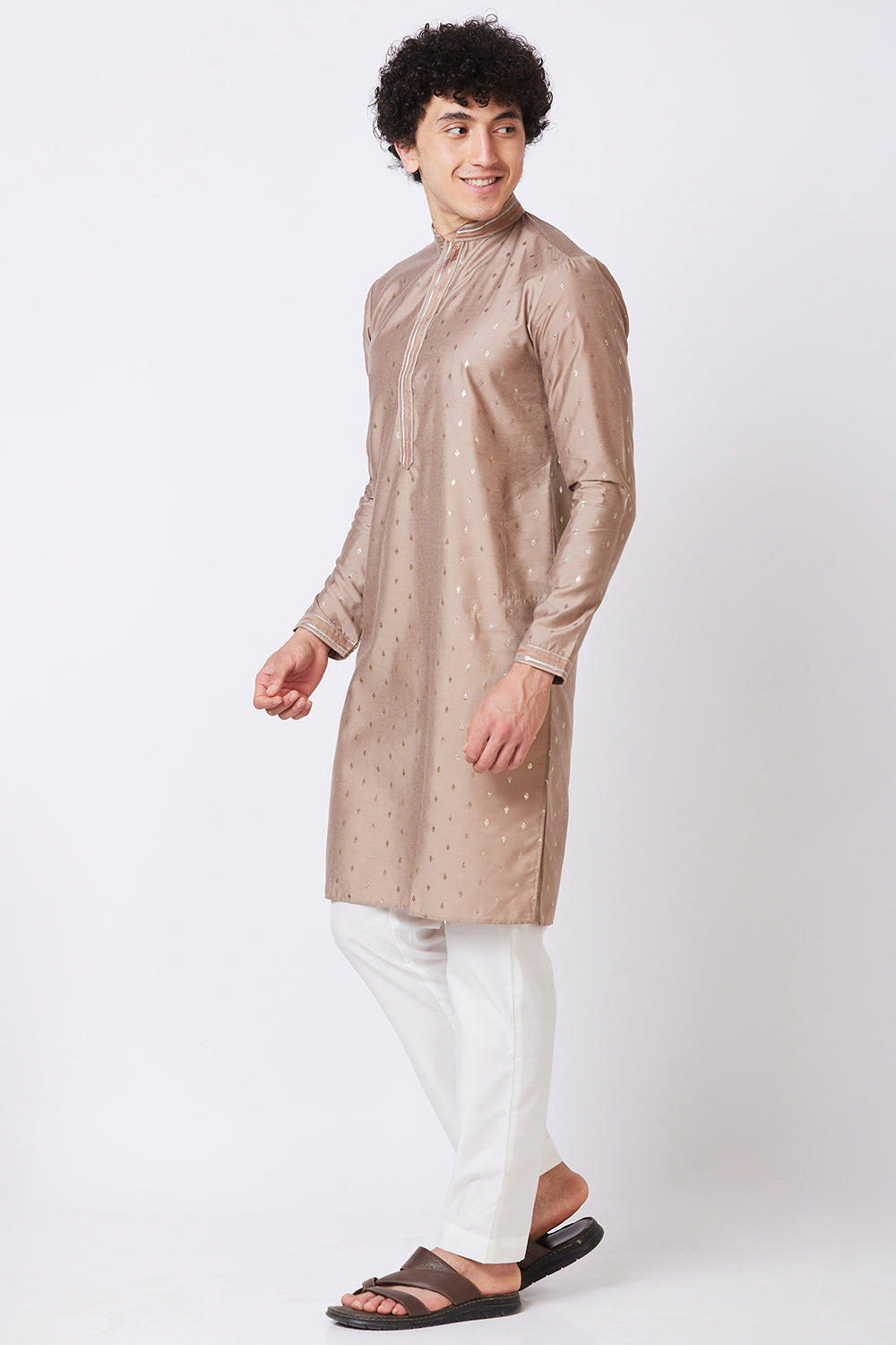 KURTA BROWN WITH SILVER FOIL PRINT AND EMBROIDERY ON COLLAR AND PLACKET