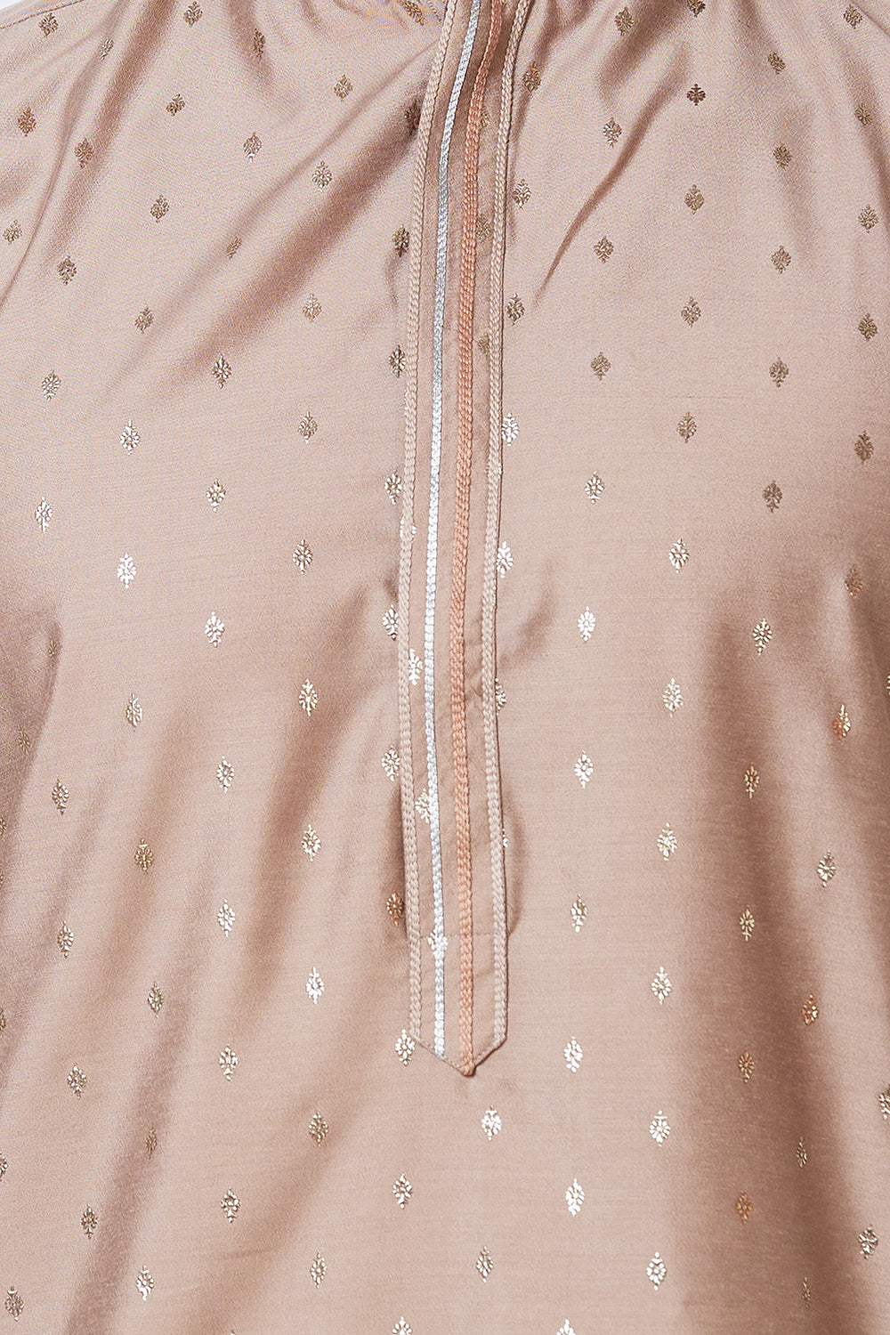 KURTA BROWN WITH SILVER FOIL PRINT AND EMBROIDERY ON COLLAR AND PLACKET