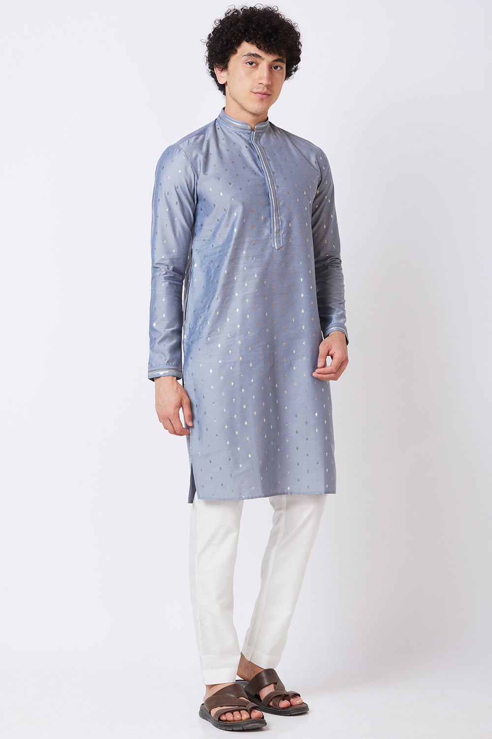 KURTA GREY WITH SILVER FOIL PRINT AND EMBROIDERY ON COLLAR AND PLACKET