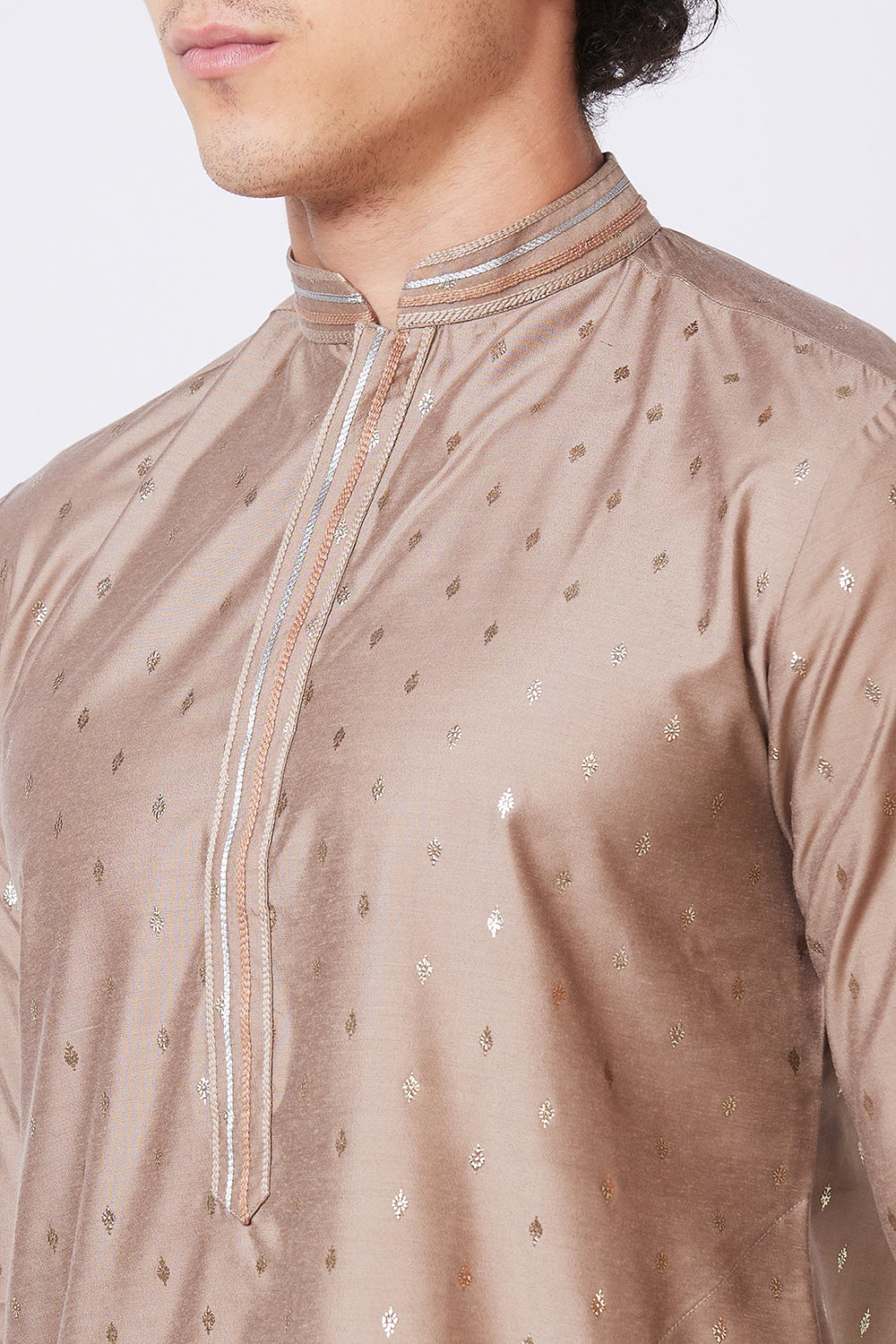KURTA BROWN WITH SILVER FOIL PRINT AND EMBROIDERY ON COLLAR AND PLACKET