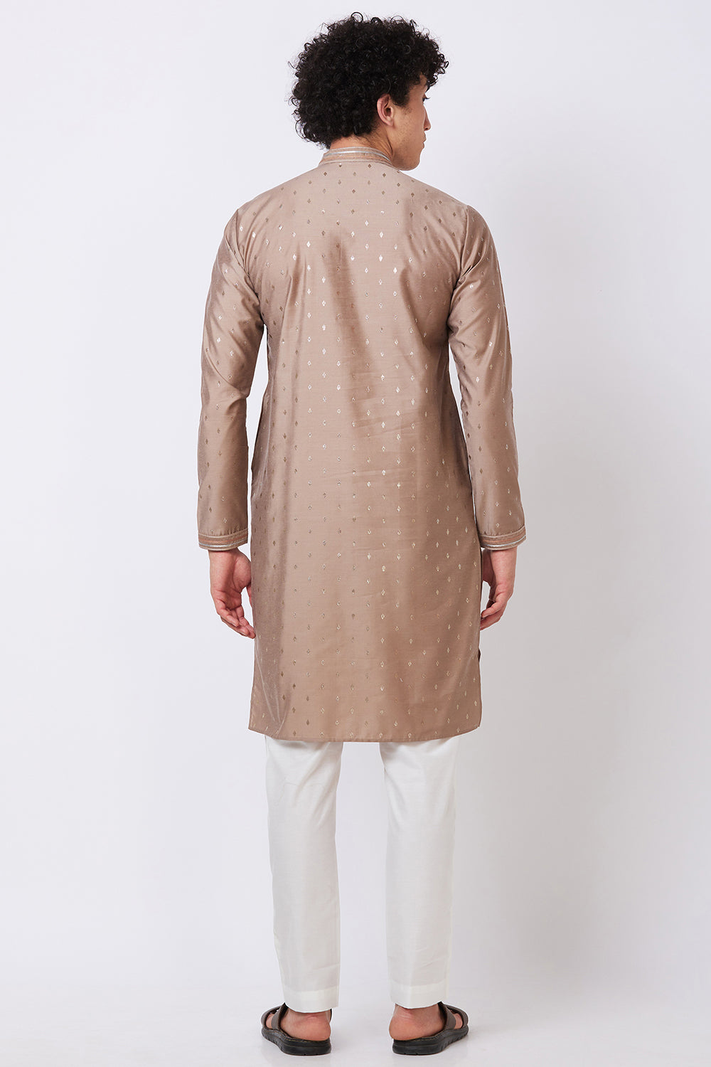 KURTA BROWN WITH SILVER FOIL PRINT AND EMBROIDERY ON COLLAR AND PLACKET