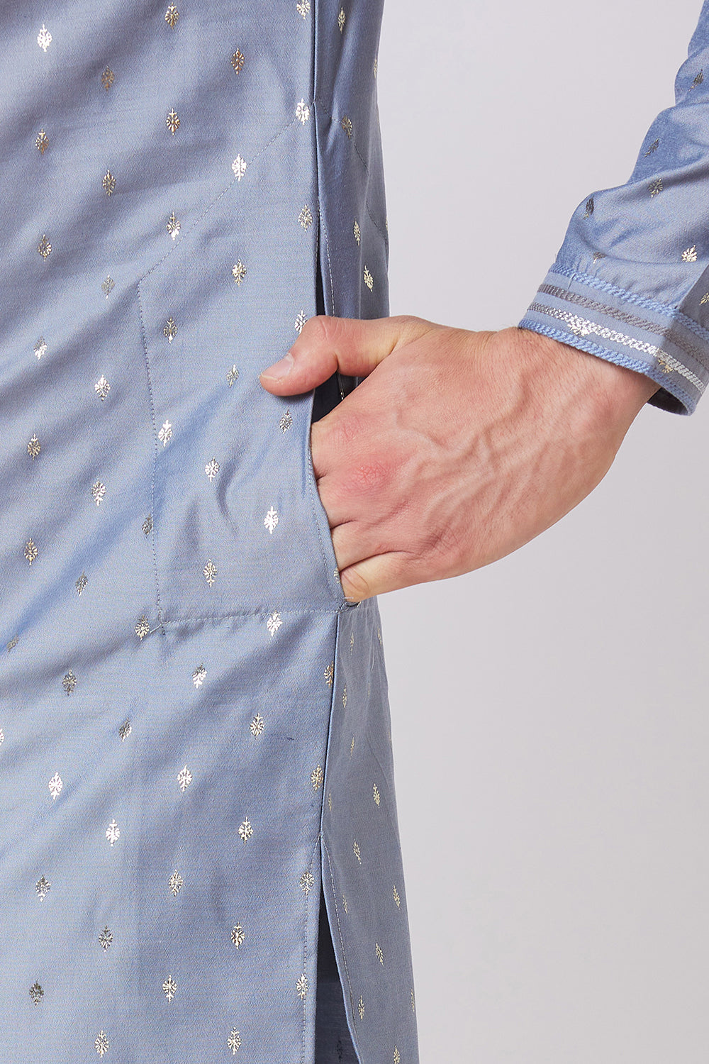 KURTA GREY WITH SILVER FOIL PRINT AND EMBROIDERY ON COLLAR AND PLACKET
