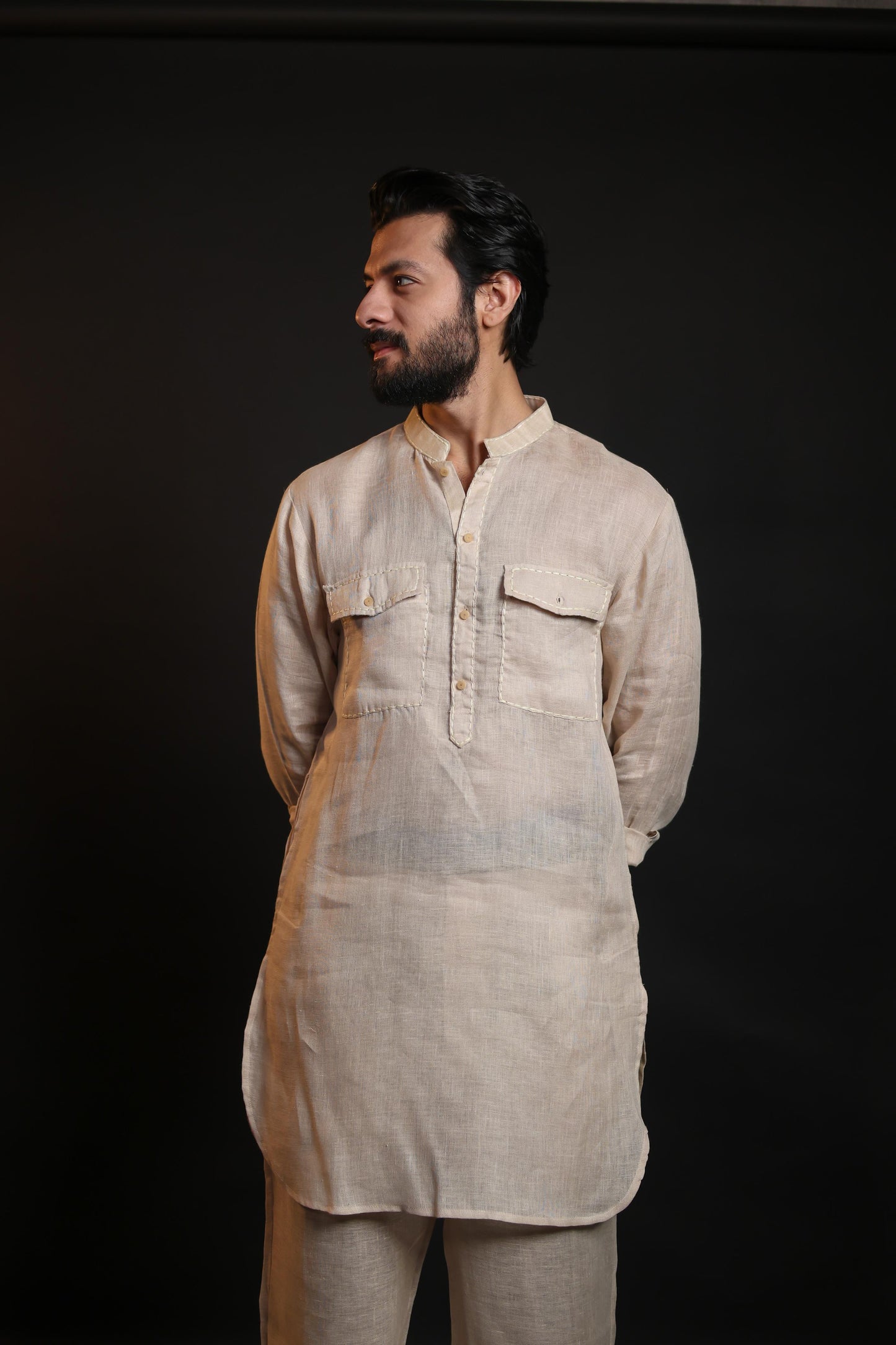SAND SHADE 100% LINEN KURTA WITH FLARED PANTS