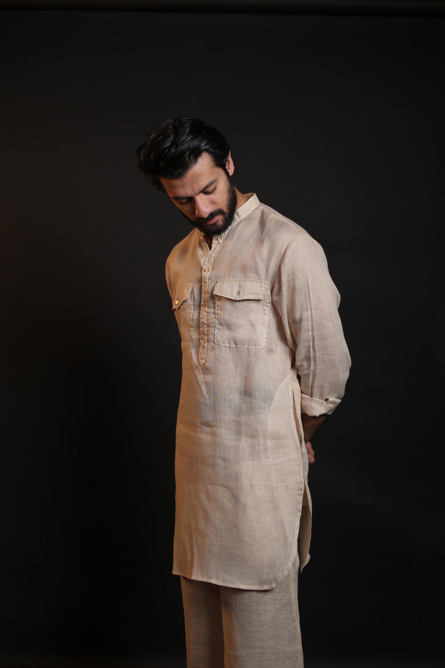 SAND SHADE 100% LINEN KURTA WITH FLARED PANTS