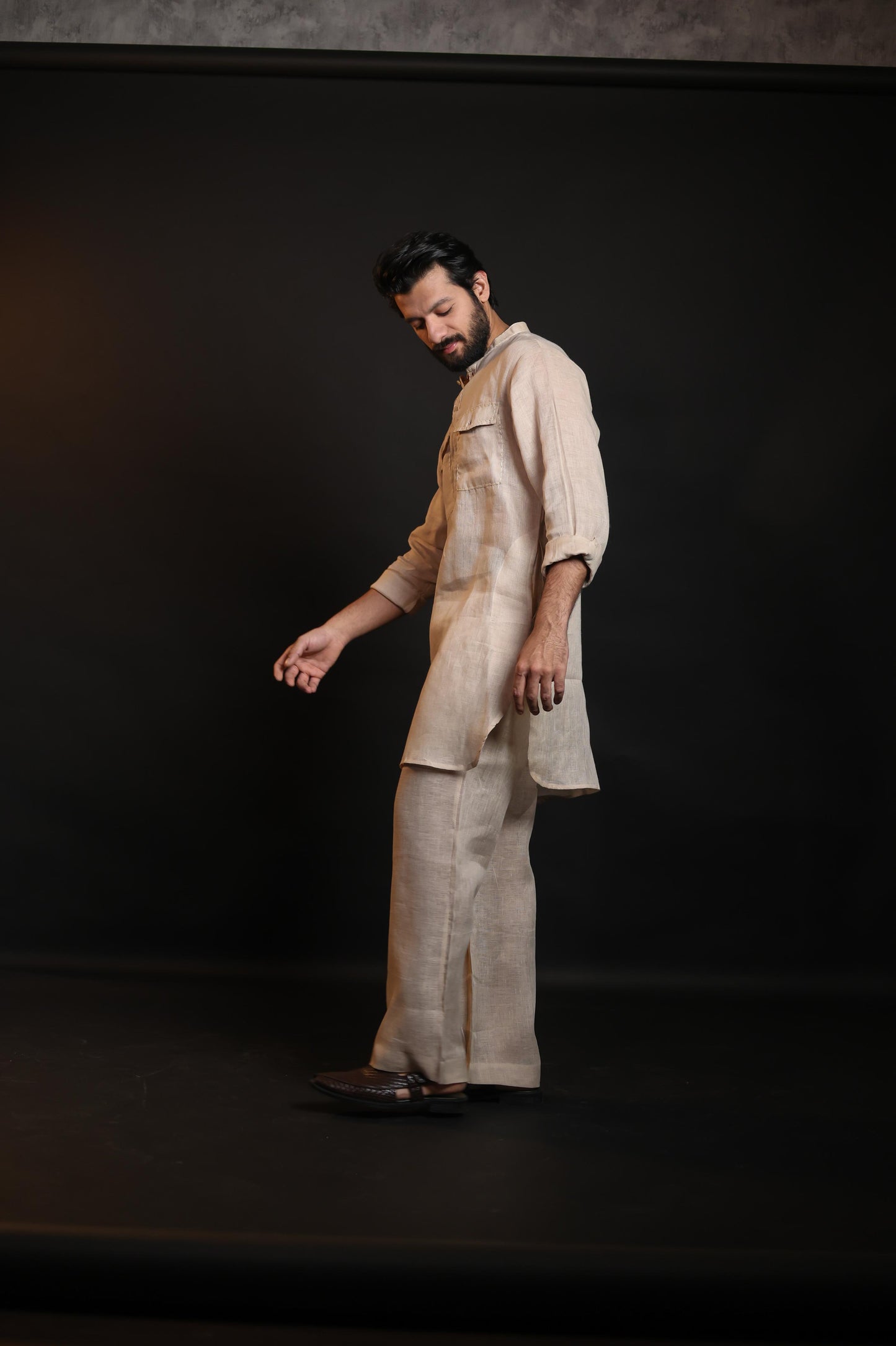SAND SHADE 100% LINEN KURTA WITH FLARED PANTS