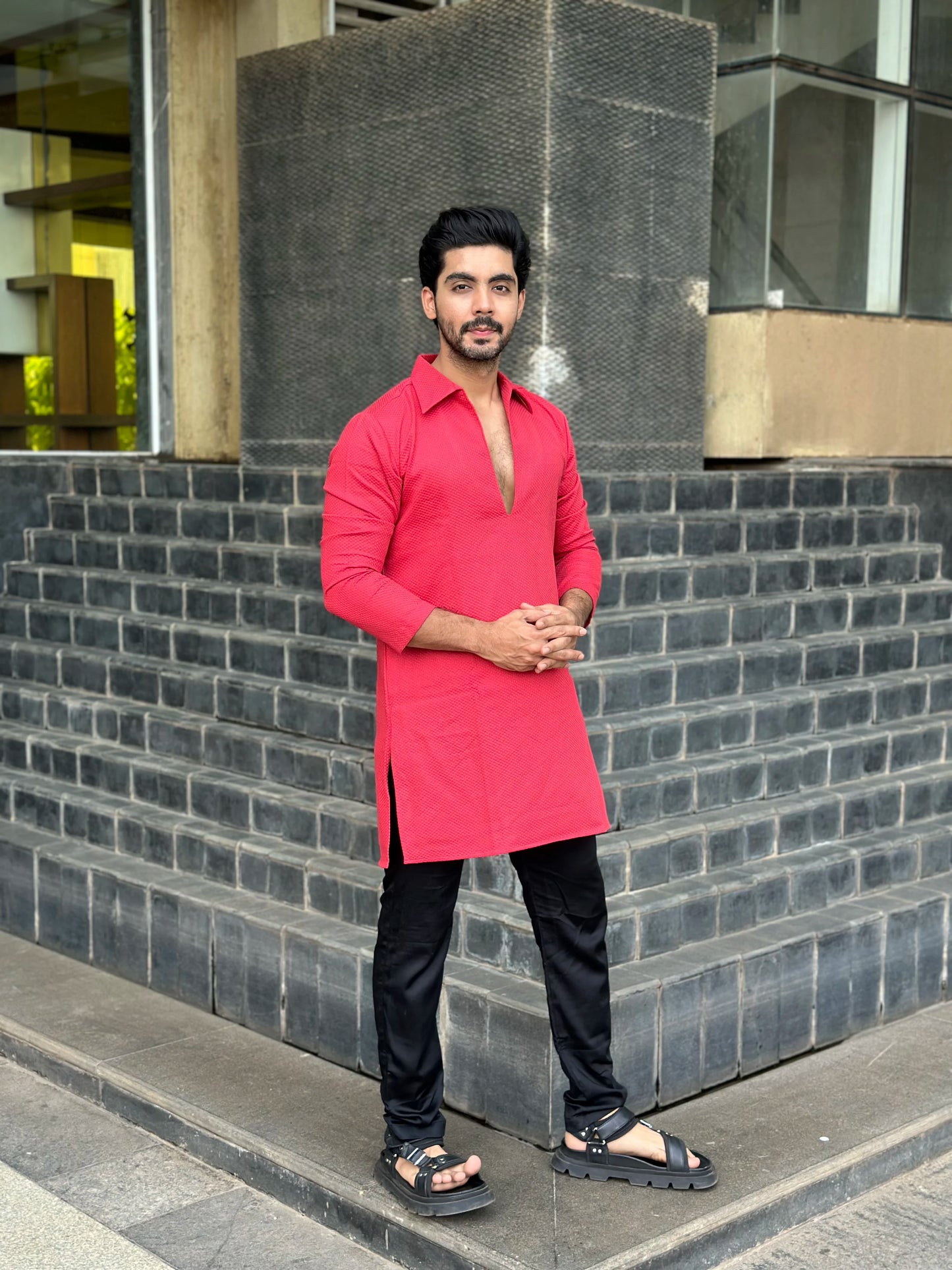 RED OPEN NECK KURTA