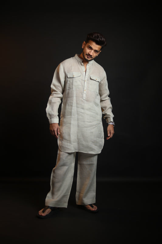 SAGE GREEN 100% LINEN KURTA WITH FLARED PANTS