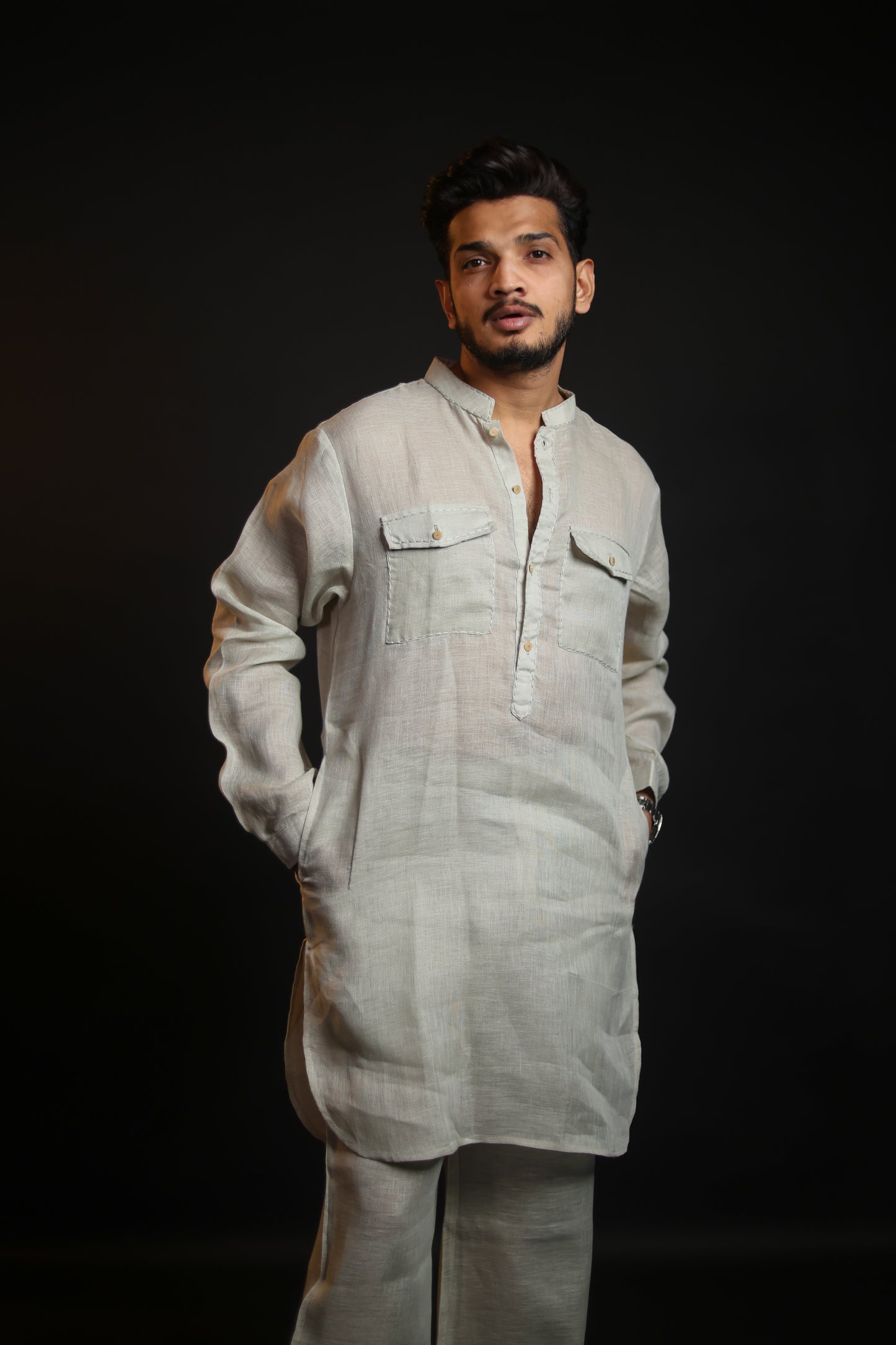 SAGE GREEN 100% LINEN KURTA WITH FLARED PANTS
