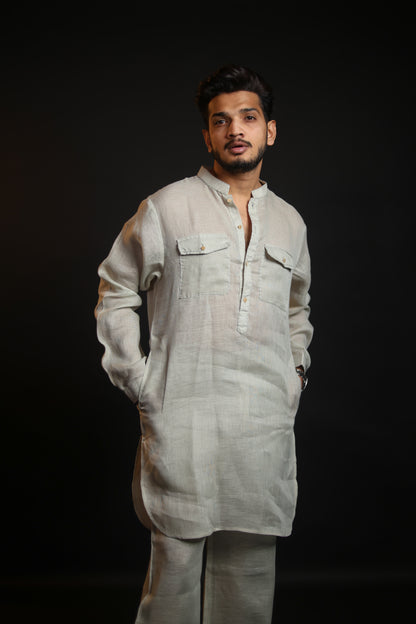 SAGE GREEN 100% LINEN KURTA WITH FLARED PANTS