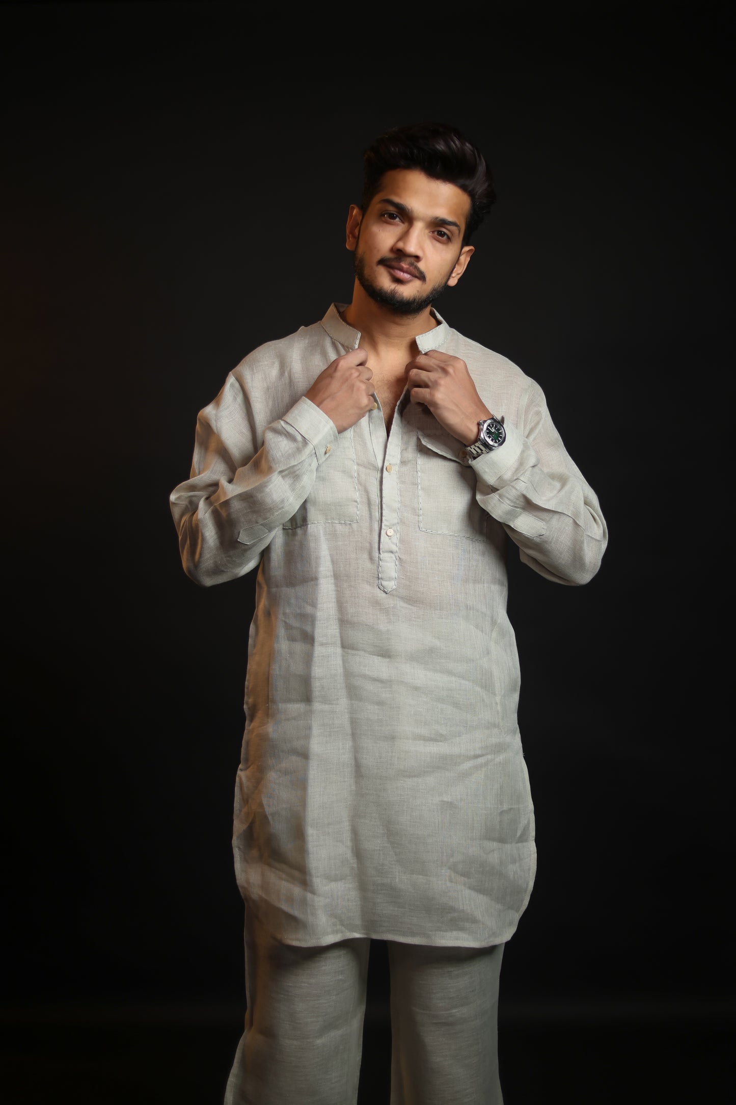 SAGE GREEN 100% LINEN KURTA WITH FLARED PANTS