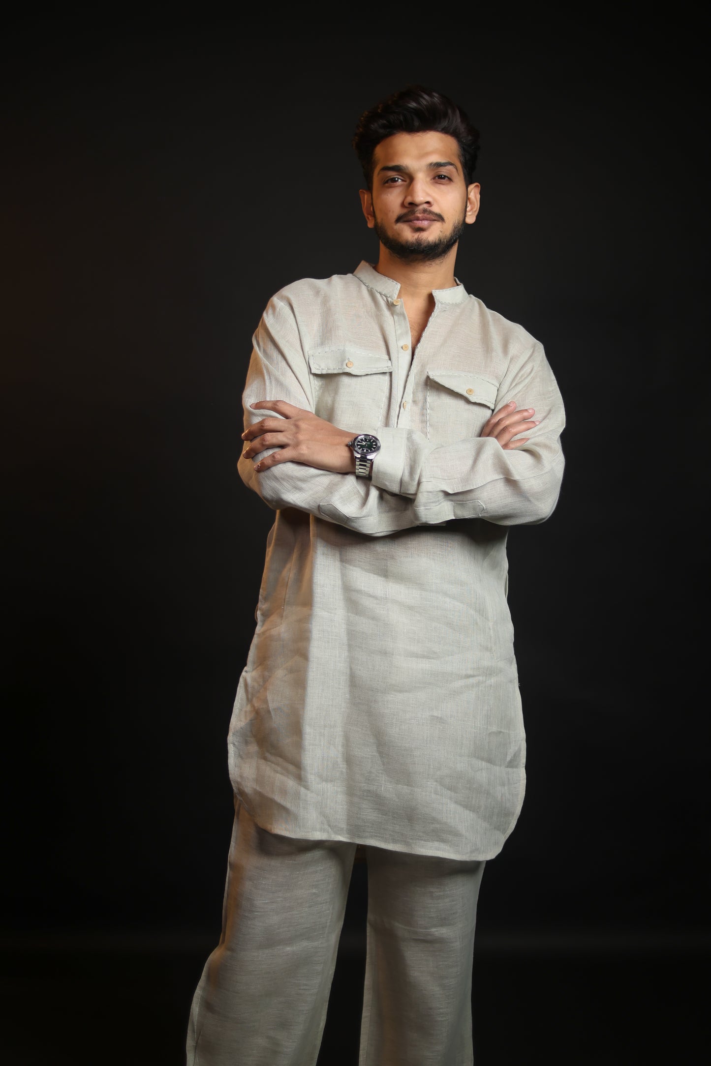 SAGE GREEN 100% LINEN KURTA WITH FLARED PANTS
