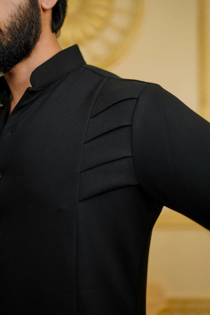 SIDE PLETE STRETCH BLACK KURTA SET