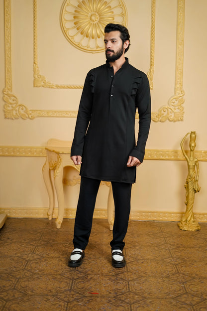 SIDE PLETE STRETCH BLACK KURTA SET