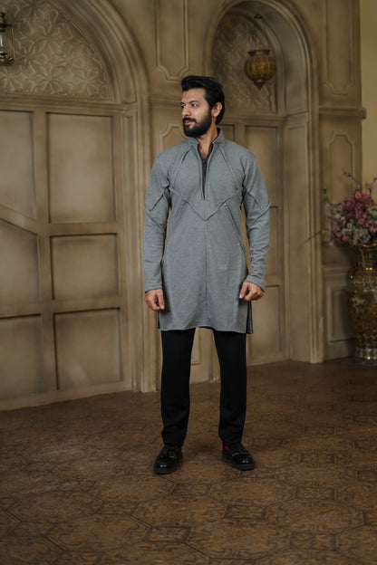 STRETCH PLETE AND STUDDED GREY KURTA WITH PANTS
