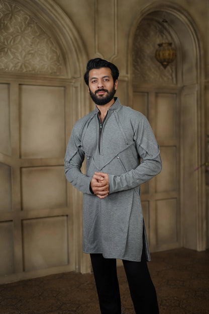 STRETCH PLETE AND STUDDED GREY KURTA WITH PANTS