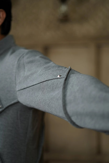 STRETCH PLETE AND STUDDED GREY KURTA WITH PANTS