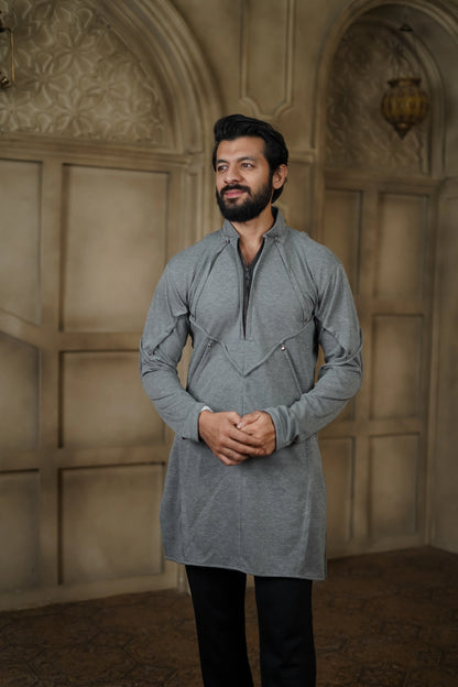 STRETCH PLETE AND STUDDED GREY KURTA WITH PANTS