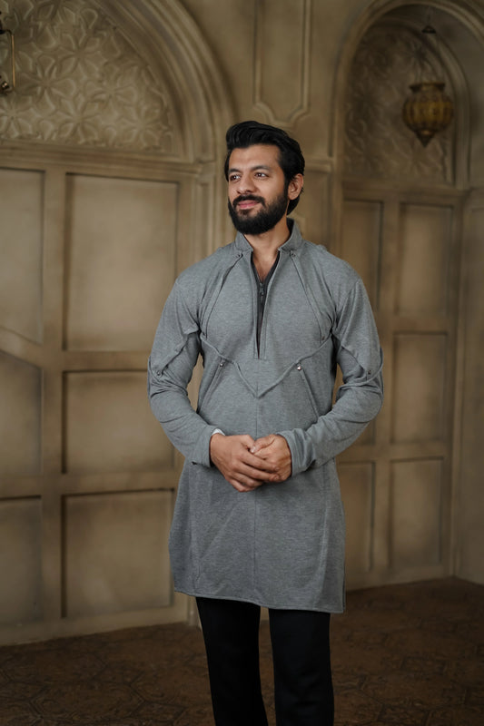 STRETCH PLETE AND STUDDED GREY KURTA WITH PANTS