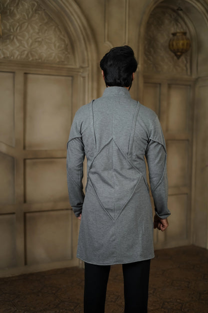 STRETCH PLETE AND STUDDED GREY KURTA WITH PANTS