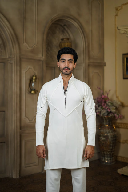 STRETCH PLETE AND STUDDED WHITE KURTA WITH PANTS