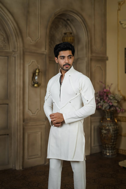 STRETCH PLETE AND STUDDED WHITE KURTA WITH PANTS