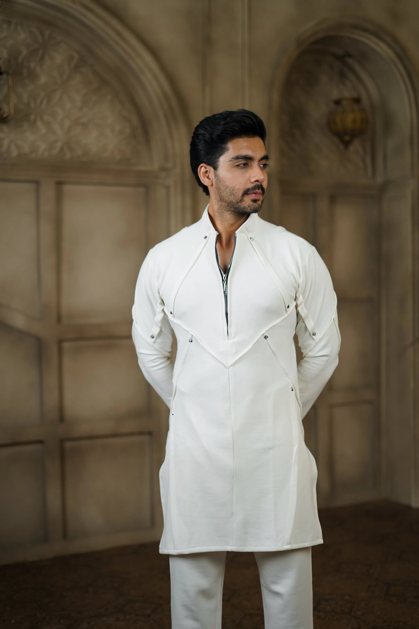 STRETCH PLETE AND STUDDED WHITE KURTA WITH PANTS