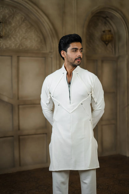 STRETCH PLETE AND STUDDED WHITE KURTA WITH PANTS