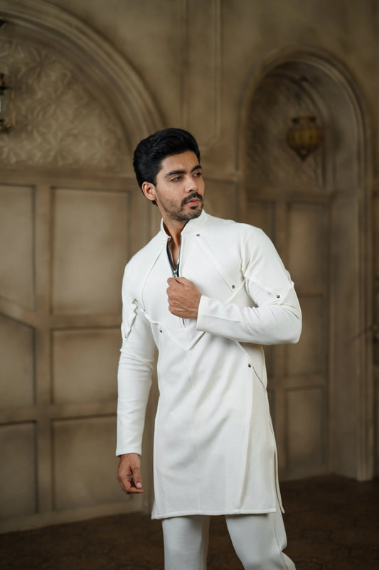 STRETCH PLETE AND STUDDED WHITE KURTA WITH PANTS