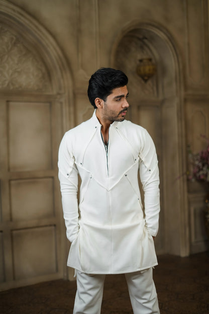 STRETCH PLETE AND STUDDED WHITE KURTA WITH PANTS