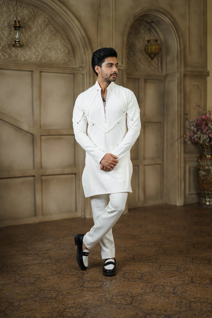 STRETCH PLETE AND STUDDED WHITE KURTA WITH PANTS