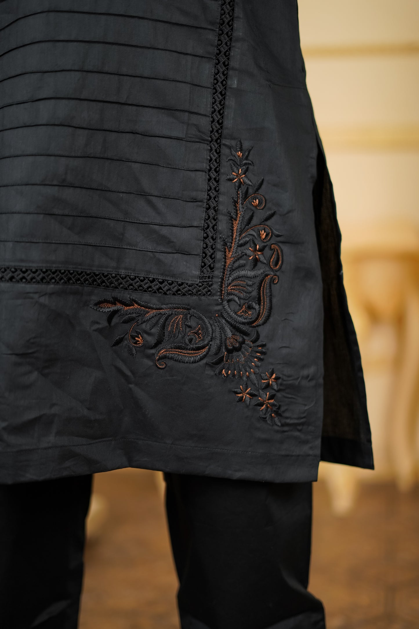 LEATHER APLIQ CONTRAST EMBROIDERED JOINT KURTA WITH PANTS