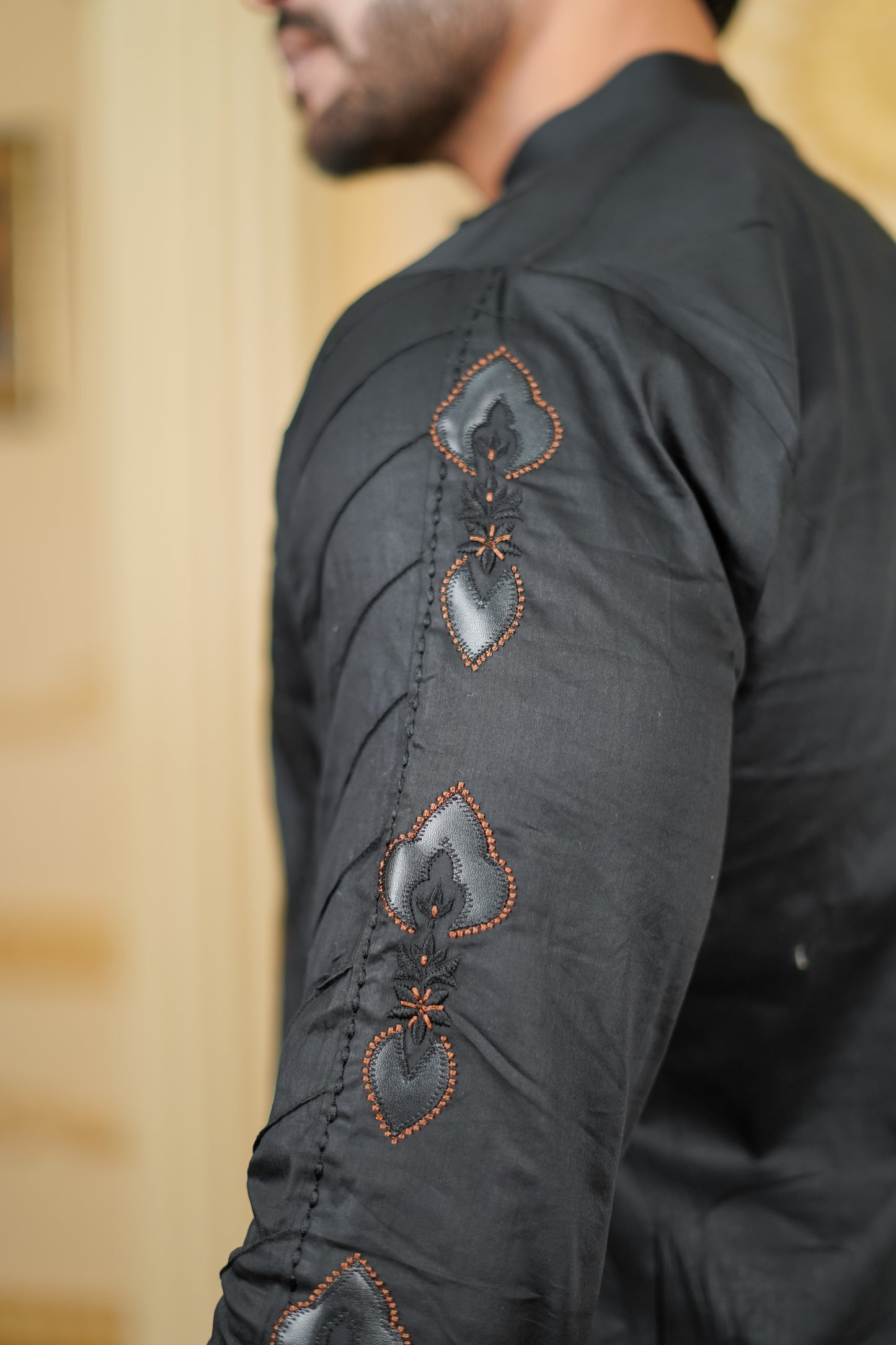 LEATHER APLIQ CONTRAST EMBROIDERED JOINT KURTA WITH PANTS