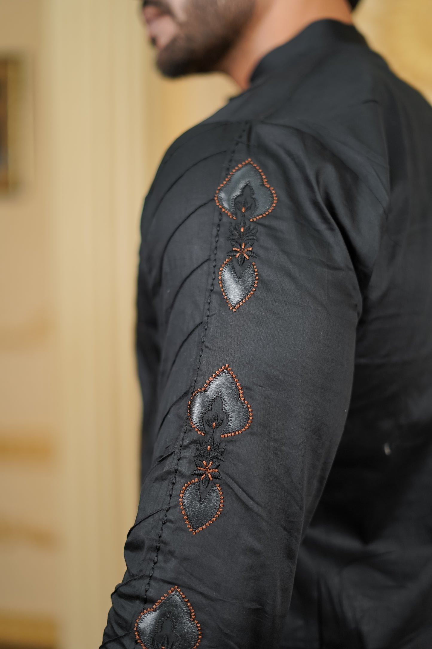 LEATHER APLIQ CONTRAST EMBROIDERED JOINT KURTA WITH PANTS