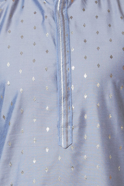 KURTA GREY WITH SILVER FOIL PRINT AND EMBROIDERY ON COLLAR AND PLACKET