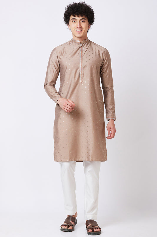 KURTA BROWN WITH SILVER FOIL PRINT AND EMBROIDERY ON COLLAR AND PLACKET