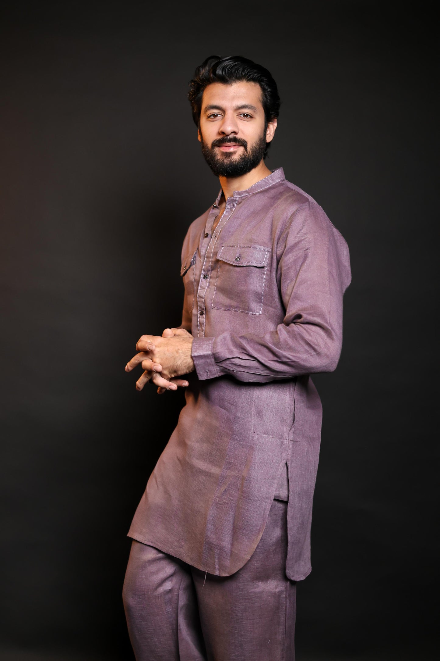 MAUVE SHADE 100% LINEN KURTA WITH FLARED PANTS