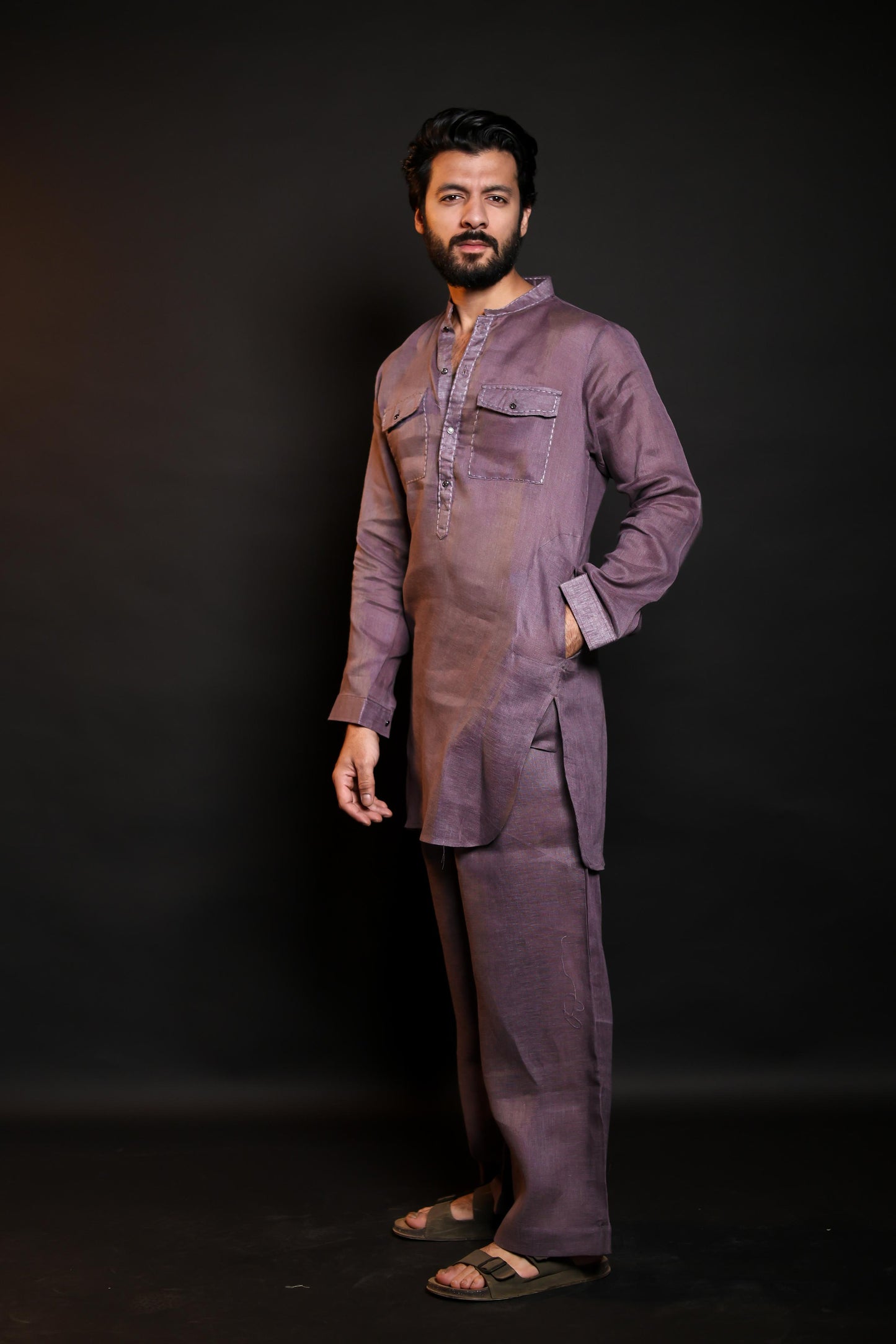 MAUVE SHADE 100% LINEN KURTA WITH FLARED PANTS