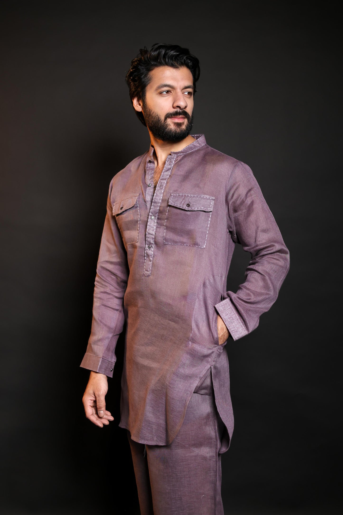 MAUVE SHADE 100% LINEN KURTA WITH FLARED PANTS