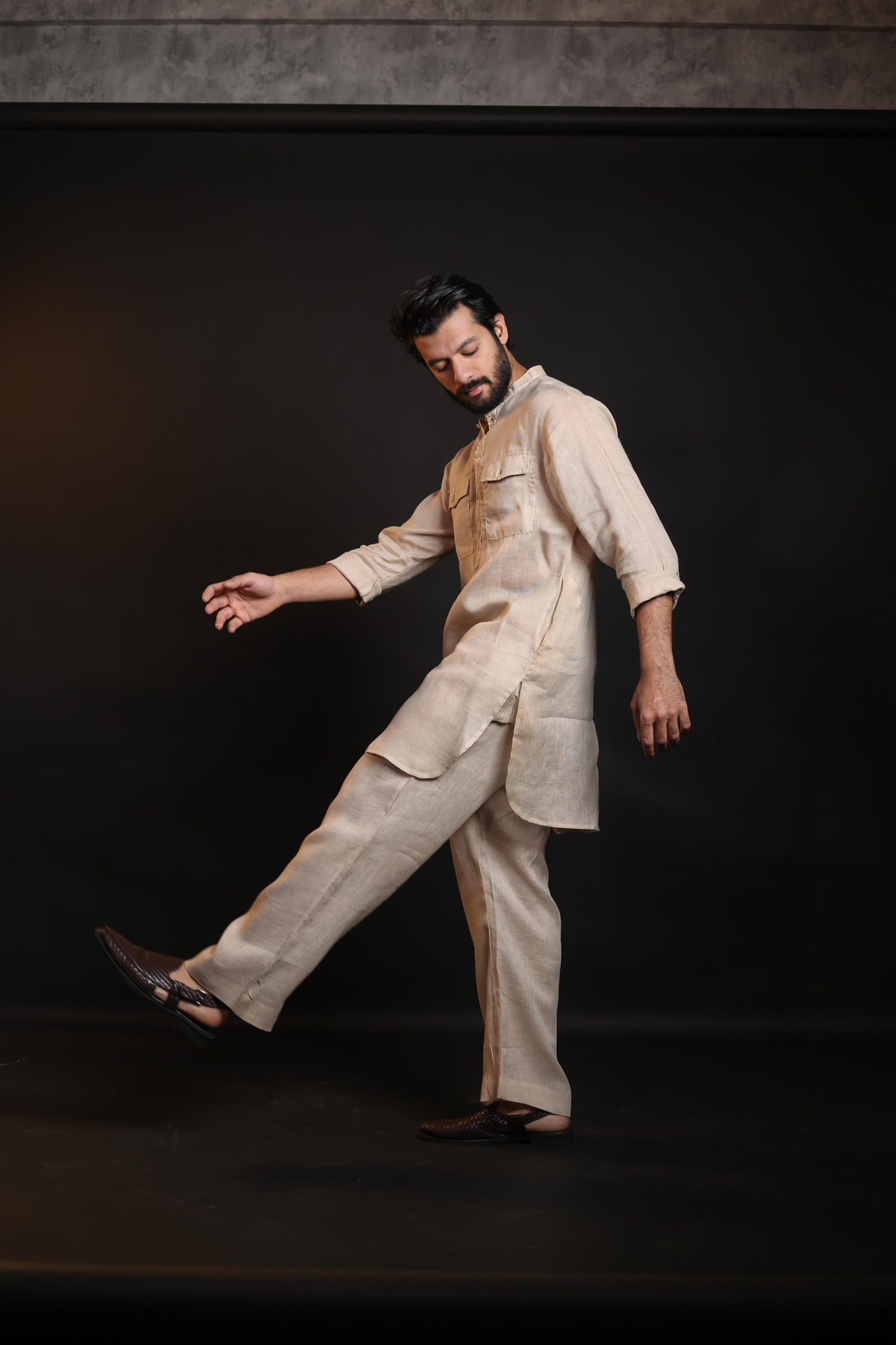 SAND SHADE 100% LINEN KURTA WITH FLARED PANTS
