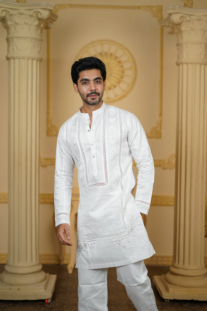 APLIQ SELF WHITE EMBROIDERED JOINT KURTA WITH PANTS