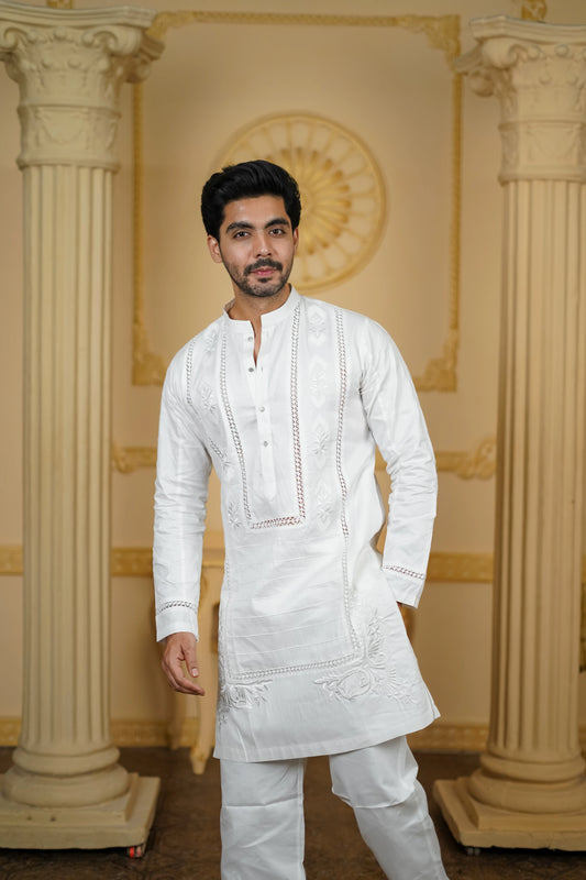 APLIQ SELF WHITE EMBROIDERED JOINT KURTA WITH PANTS