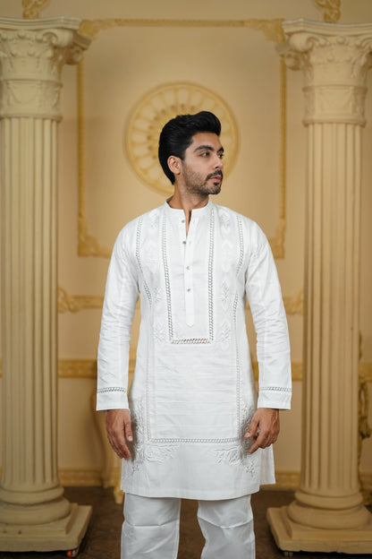 APLIQ SELF WHITE EMBROIDERED JOINT KURTA WITH PANTS