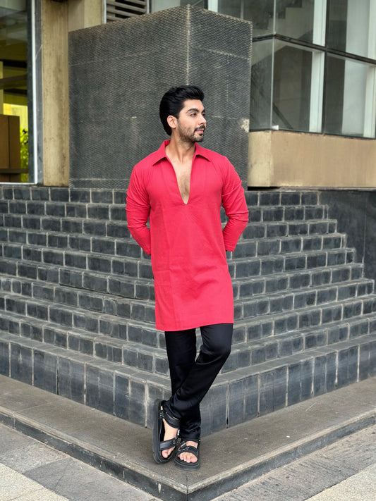RED OPEN NECK KURTA