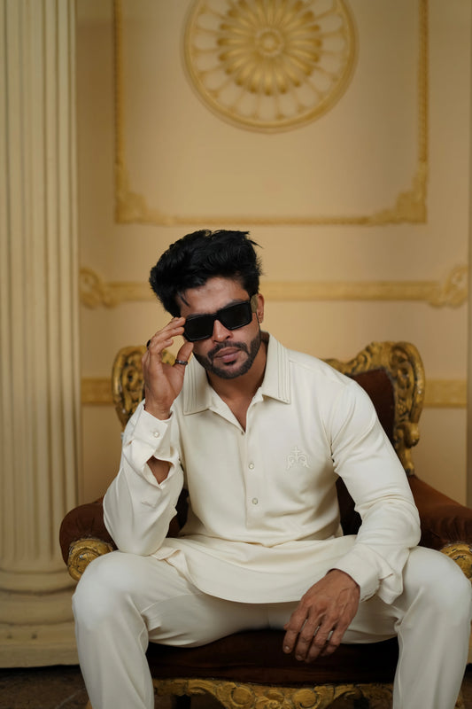 STRETCH MOTIF PRINTED WHITE KURTA WITH PANTS