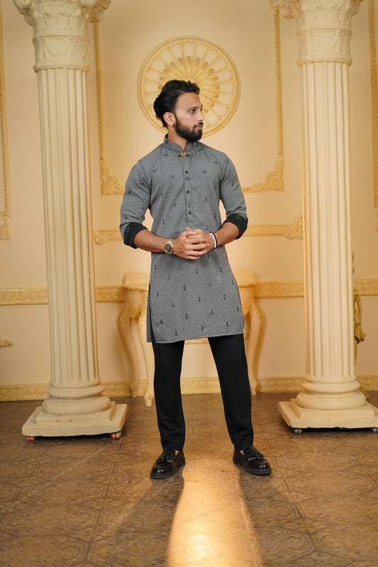 STRETCH BOOTA EMBROIDERED GREY KURTA WITH PANTS