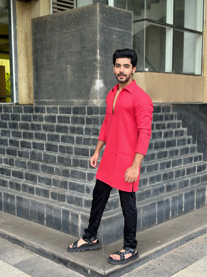 RED OPEN NECK KURTA
