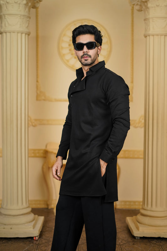 STRETCH SIDE OPEN KURTA BLACK WITH PANTS