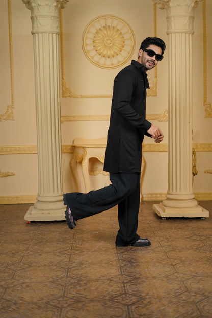 STRETCH SIDE OPEN KURTA BLACK WITH PANTS
