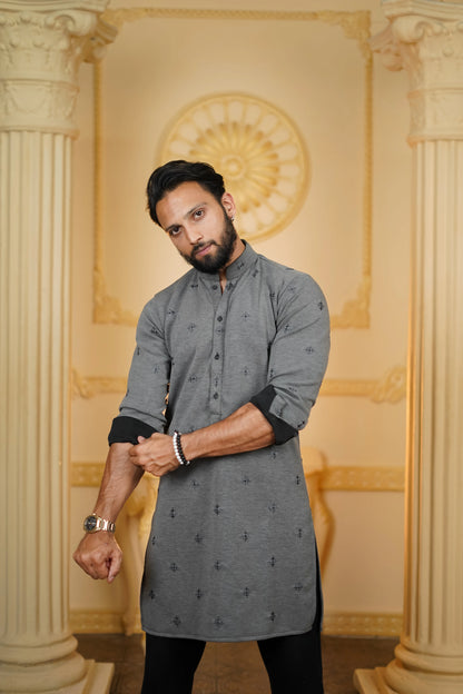 STRETCH BOOTA EMBROIDERED GREY KURTA WITH PANTS